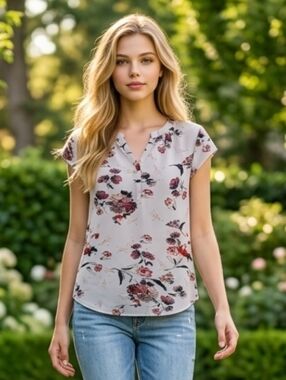 Fun 2 Fun Cream & Pink Floral Blouse Size Large